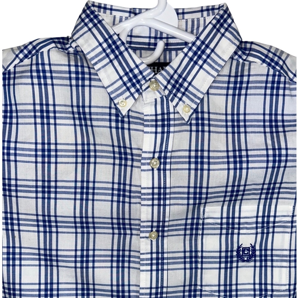 Chaps Mens Blue White Plaid Easy Care Twill Button Down Shirt Size M Logo Pocket